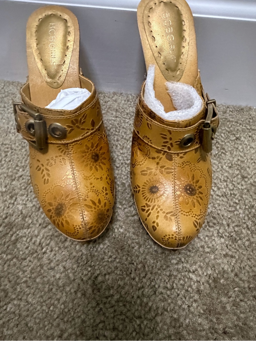 BCBGirls Tan Floral Embossed Leather Buckle Clog Mules